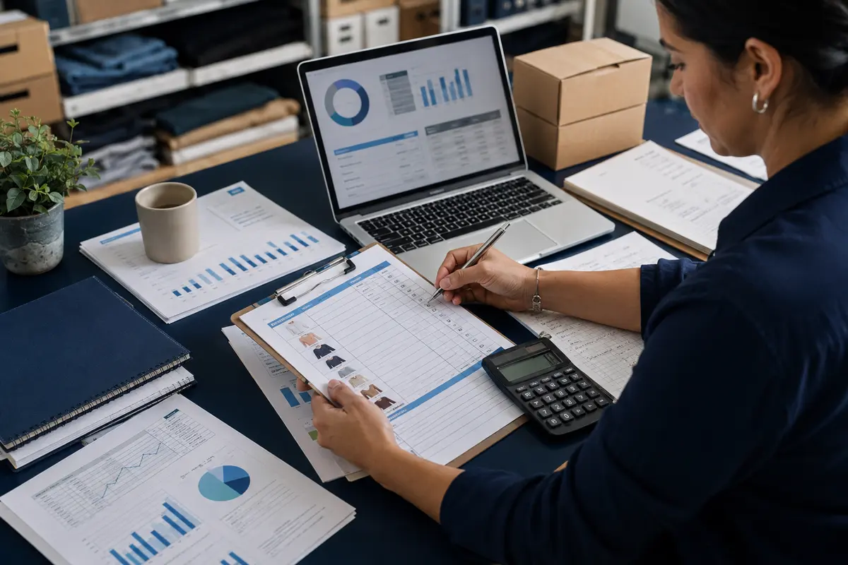 Profesional organizando inventarios, ventas y documentos administrativos