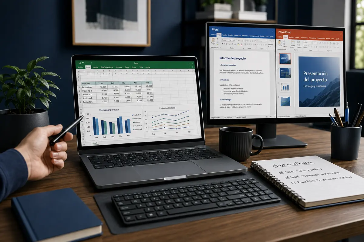 Computadora con trabajos de Word, Excel y PowerPoint